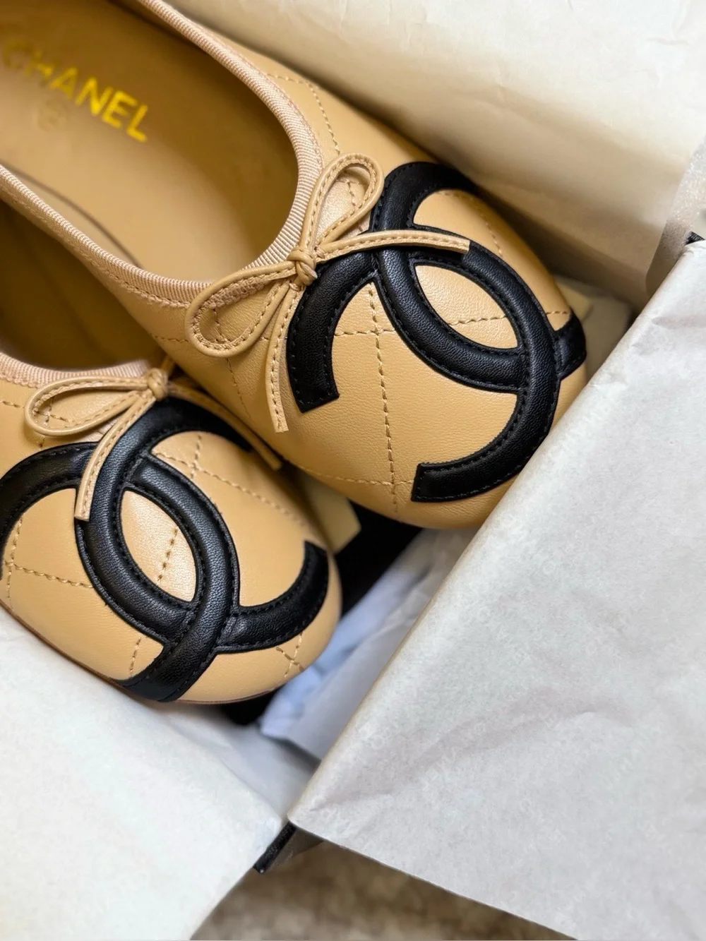 Chanel Beige Black CC Bow Ballet Flats